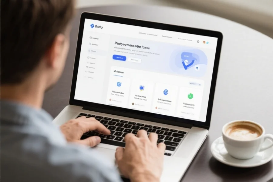 一个用户在笔记本电脑上浏览网页应用，屏幕显示简洁直观的娱乐平台界面，旁边放着一杯咖啡