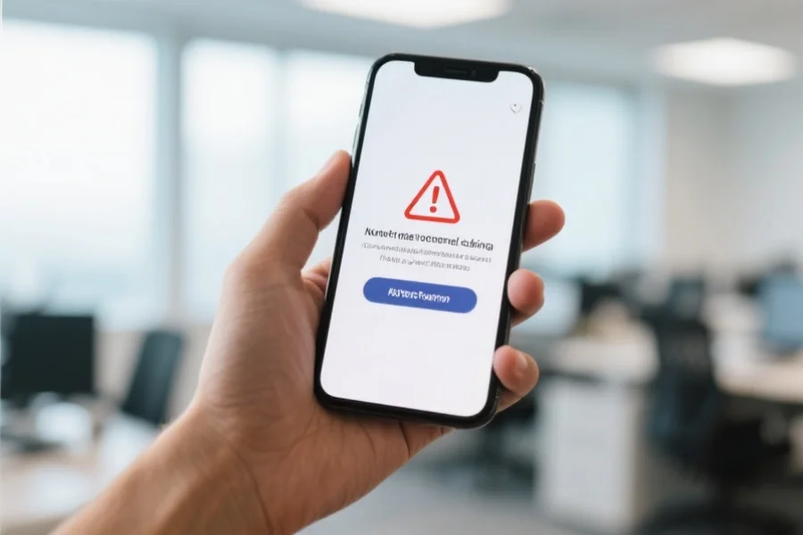 一只手正拿着智能手机，屏幕上弹出警告信息，提示用户警惕网络钓鱼，背景为模糊的办公环境